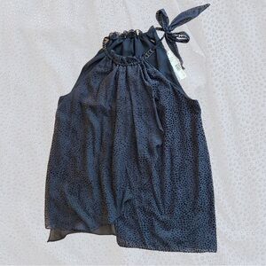 T Tahari Navy Sleeveless Blouse with Tie Neck